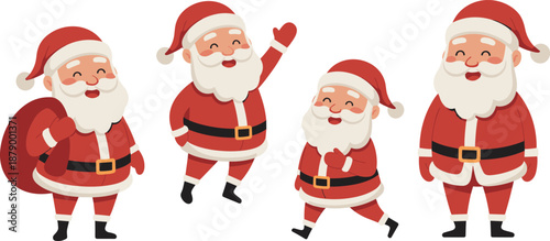 Santa Claus cartoon, Christmas character, red suit, festive pose, holiday icon, cheerful Santa, waving, walking, smiling, sack, boots