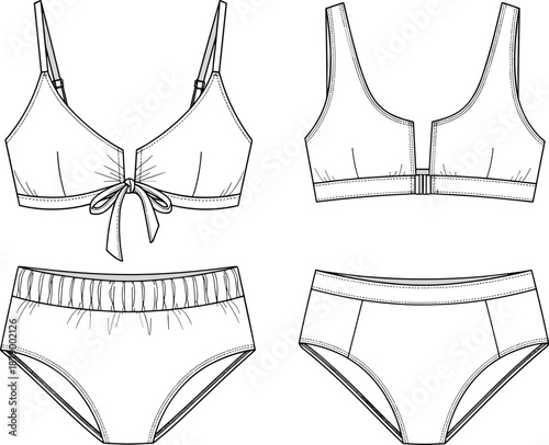 Technical bikini fashion sketches, swimwear design illustration, front tie, sporty style, garment construction details, flat vector illustration