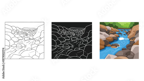 Collection of three distinct artistic representations depicting a rocky mountain river scene including a black and white outline and a full color version