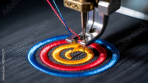 Industrial embroidery machine stitching colorful textile pattern
