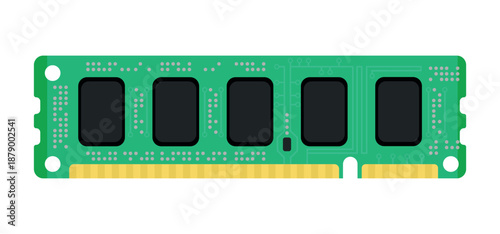 Flat vector illustration of a green computer RAM memory module chip isolated on a white background. Hardware component for PC upgrade, data storage, and high-performance digital computing.