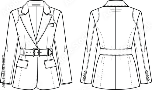 Technical fashion sketch, women’s belted blazer front and back, tailored jacket design, garment construction details, flat vector illustration
