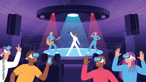 People in V R headsets are watching a concert with a band on stage under a UFO-like structure