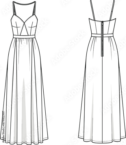 Technical fashion sketch, long sleeveless dress front and back, spaghetti strap design, structured bodice, flat vector illustration