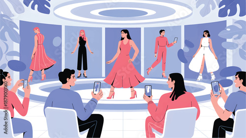 A group of people watching fashion models in a circular room with blue and white decor, a fashion show