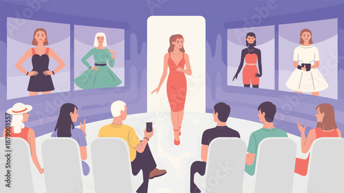 Group of people watching fashion models on large screens in a seating area, fashion show audience design