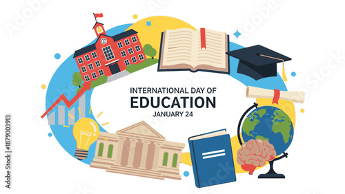 Flat design illustration celebrating International Day of Education on January 24 with icons representing happy learning and education.