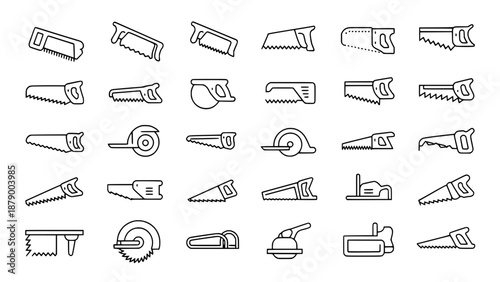 Collection of various saw icons, including hand saws, circular saws, and power saws, in a clean outline art style on a white background.