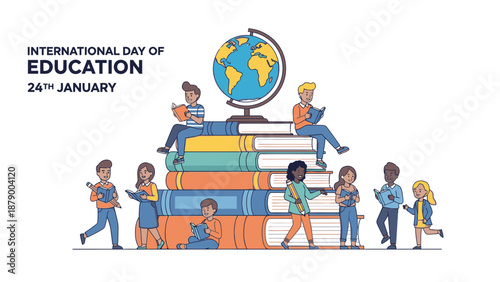 Illustration of diverse children playing and learning around stacked books with a globe on top, symbolizing happy education, against a clean white background with a joyful and colorful mood.