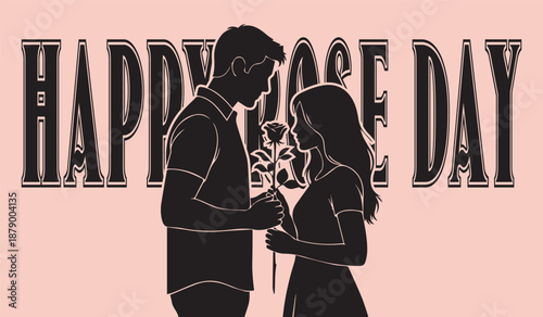 A silhouetted couple shares a tender moment with a single red rose set against a soft pink background and celebratory text