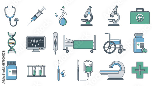 Flat lay of various medical icons and symbols on a clean white background representing happy education in healthcare.