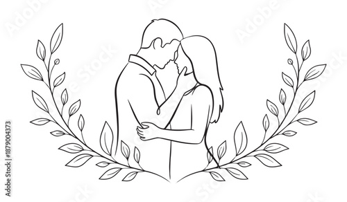 an elegant line art illustration depicts a couple embracing in a tender kiss framed by a delicate wreath of leaves and floral accents