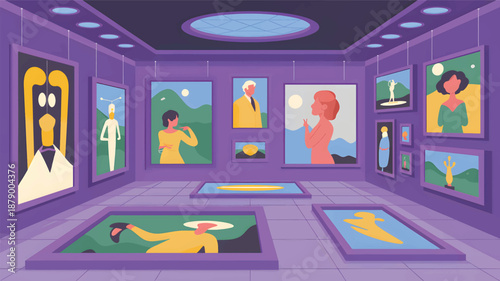 Colorful Gallery with Various Paintings and Sculptures on Display, colorful paintings, purple walls