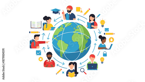 Flat illustration of diverse people engaged in happy education around a globe with various learning objects.