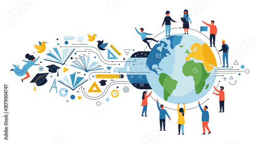 Illustration of diverse people around a globe with educational symbols, conveying happy education in a colorful and lively flat design.