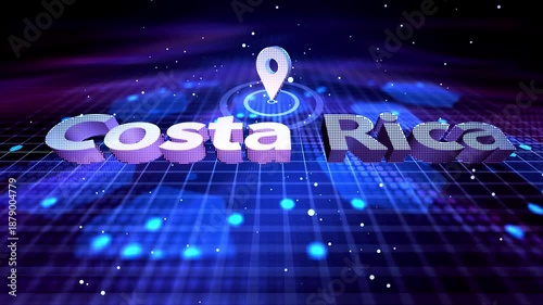 Costa Rica Map Location Pin with Futuristic Technology Grid Smart City Costa Rica Location Pin on Hi-Tech Background