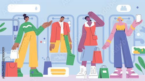 Four people shopping in a store with colorful clothes and shopping bags