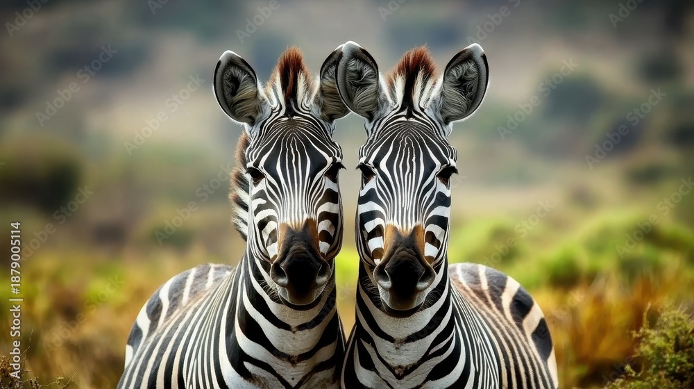 Naklejka premium A captivating image of two zebras closely positioned, highlighting their striking black and white stripes, symbolizing unity and the beauty of wildlife in its natural setting.