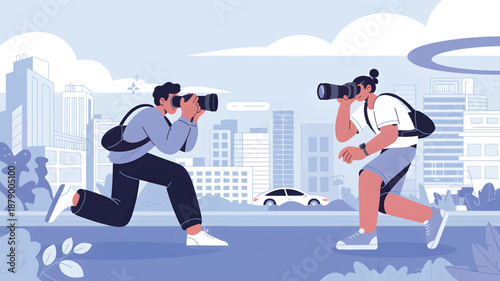 Two photographers with cameras capturing a cityscape in an urban setting, buildings