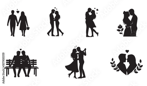 black silhouettes of couples in various romantic poses and settings on white background high quality professional detailed modern elegant stylish clean