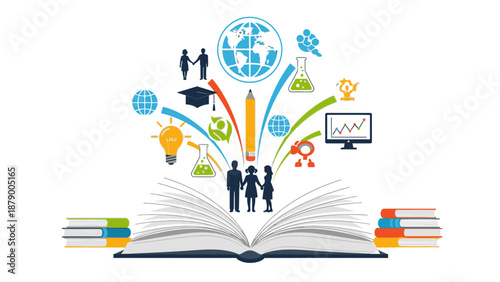 Illustration of an open book with education-related icons and silhouettes of people emerging from it, symbolizing happy education, on a white background with a mix of colorful graphics.