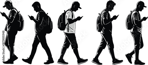 Walking people using smartphones silhouette set, mobile device addiction concept, casual outfit, backpack, black line art, flat vector illustration