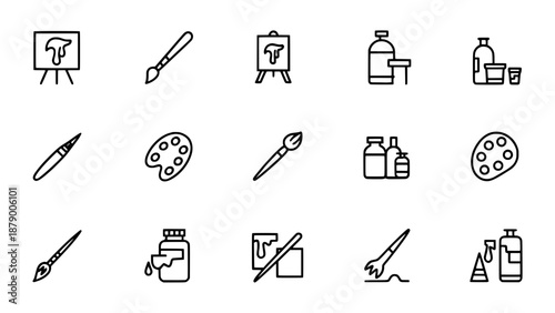 Set of 18 black outline art and craft icons including paintbrushes, easels, palettes, and paint bottles on a white background