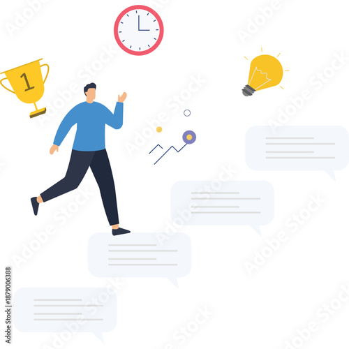 Businessman runs up steps representing task progression toward a trophy and bright idea under a clock.