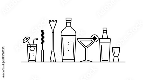 Minimalist black outline vector set of cocktail ingredients and bar tools including a martini glass, bottles, and barware on a white background.