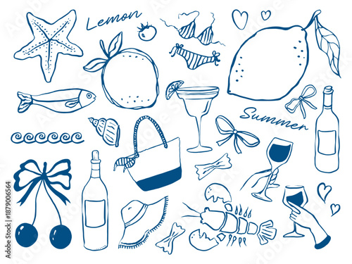 Whimsical hand drawn vector summer set of mediterranean vacation illustrations in blue color