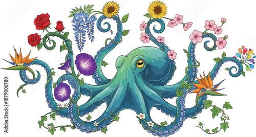 Ocean octopus with tentacles around many different colorful flowers like red roses and yellow sunflowers art illustration