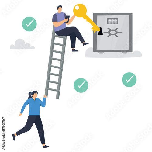 Two colleagues collaborate to access a large safe using a giant golden key while one person holds a ladder steady for the other.