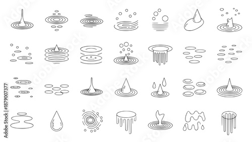 Collection of 28 monochrome outline icons representing water ripples, drops and splashes, suitable for graphic design and web elements.