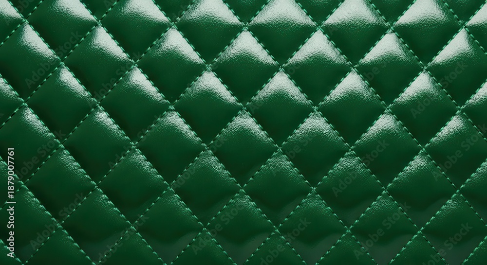 Fototapeta premium Deep emerald green material exhibits a diamond quilted pattern with stitched detailing.