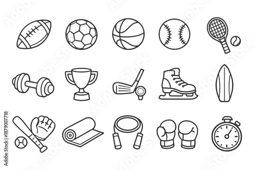Sports equipment line icons: balls, trophies, gear, and stopwatch collection.