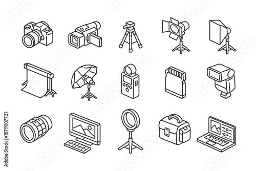 Outline icons of photography equipment and studio accessories for shoots.