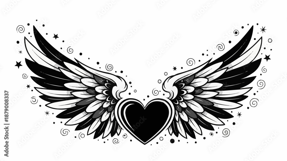 Obraz premium Black and white heart with angel wings illustration.