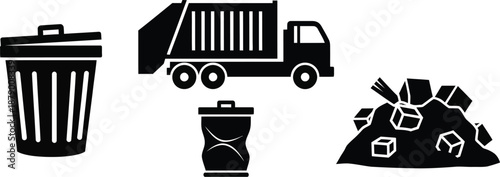 Waste management and garbage removal equipment. Wheelie bin with an open lid, crumpled wastebasket, garbage truck, and a pile of mixed refuse or litter vector icons.