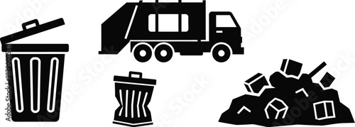 Waste management and garbage removal equipment. Wheelie bin with an open lid, crumpled wastebasket, garbage truck, and a pile of mixed refuse or litter vector icons.