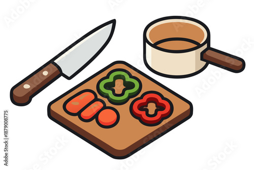 Fresh Vegetables and Sausages on Chopping Board with Knife and Saucepan
