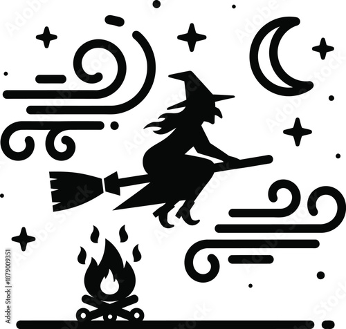 vector illustration of a halloween background, 
Witch Flying on Broomstick Silhouette Vector Icon Illustration over Night Sky with Crescent Moon Stars Campfire and Wind Swirls - Minimalist Halloween .