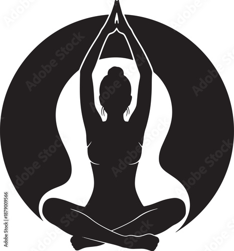 Silhouette of a woman in lotus pose padmasana with arms raised in prayer position, yoga meditation concept
