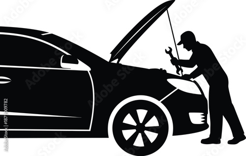 mechanics working on cars performing auto repair and maintenance tasks. Auto body mechanics inspecting engines with the hood open and teamwork scenarios vector illustration. 