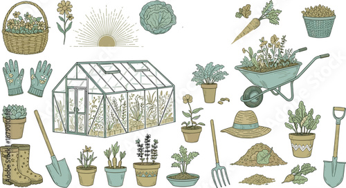 Gardening tools and greenhouse set, plants, vegetables, shovel, gloves, wheelbarrow, sun, boots, hat, flat vector illustration