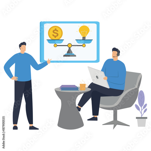 Two businessmen compare the value of money and ideas using a large balancing scale graphic in a modern office setting.