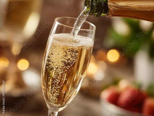 Champagne being poured into elegant flute with fresh strawberries and soft bokeh background