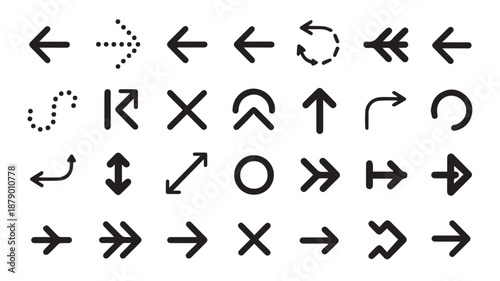 Collection of various black brush stroke arrows and circular symbols on a clean background viewed from a straightforward perspective