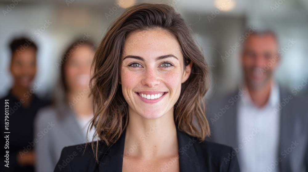 Fototapeta premium Smiling businesswoman with colleagues in the background, looking at the camera