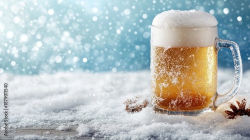 A frosty glass of beer sits atop a snowy surface, surrounded by a glimmering, ethereal backdrop that evokes feelings of winter celebration and warmth.