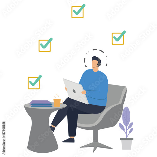 Operator wearing a headset works remotely on a laptop while floating green checkmarks surround him indicating task accomplishment.